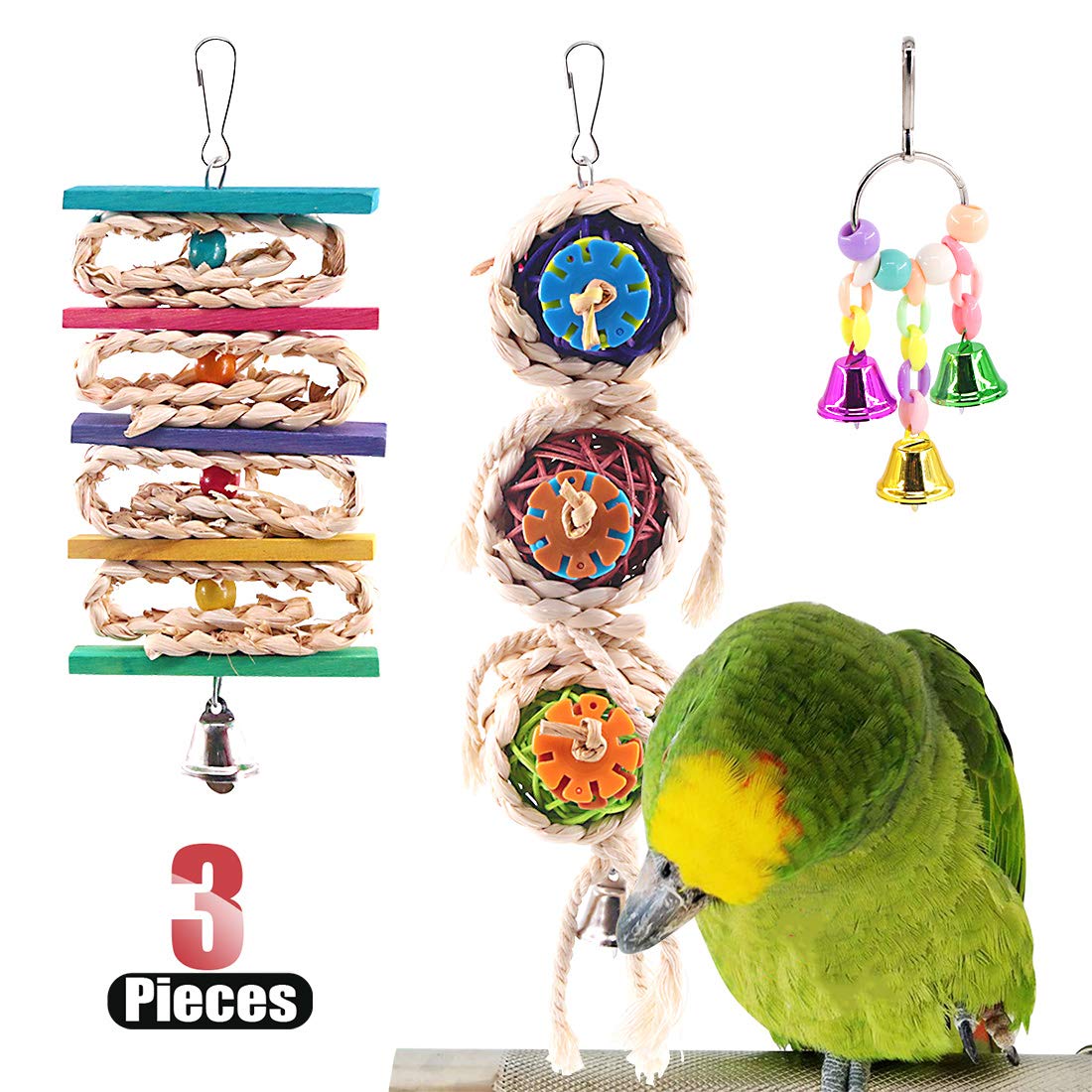 Hilitchi 3 Pack Bird Toys Set, Hanging Bells, Rattan Balls and Twisted String for Parrots Parakeet, Conure, Cockatiel, Mynah