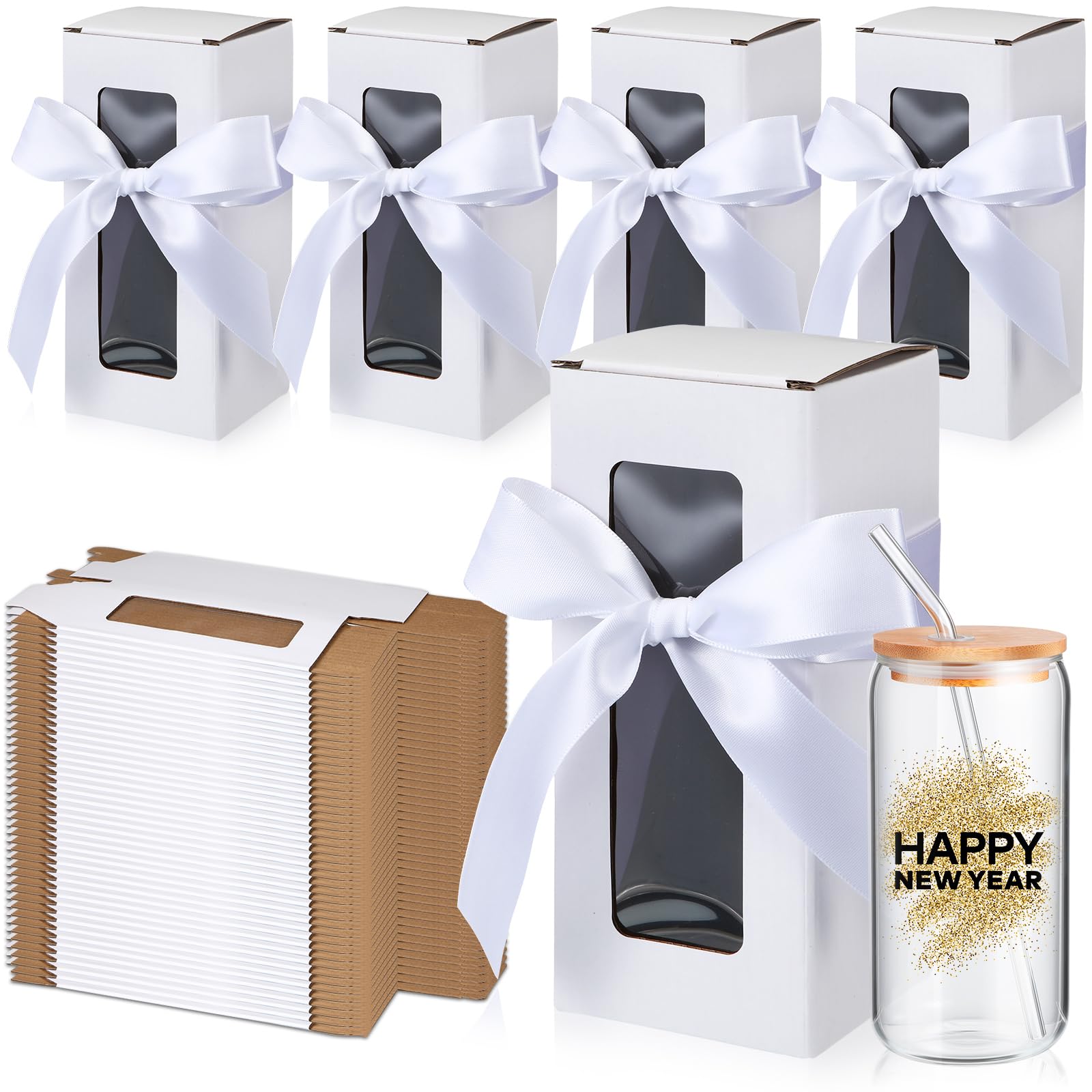 36 Sets Gift Boxes with Ribbon, Thank You Tumbler Sublimation Glass Exhibition Boxes, Gift Box for 12 16 18oz Valentines New Year Holiday Drinking Glasses Cup (Corrugated Color)