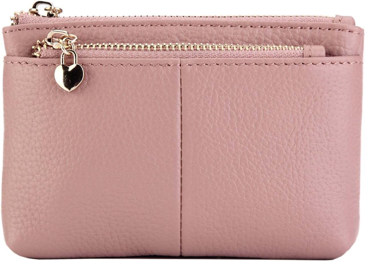 ZOOEASS Women Genuine Leather Zip Mini Coin Purse with Key Ring Triple Zipper Card Holder Wallet