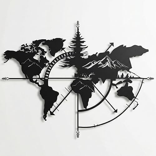 DEKADRON Decoración de pared de mapa del mundo de metal, decoración de sala de estar, placa de metal 46.1 x 35.8 pulgadas, color negro