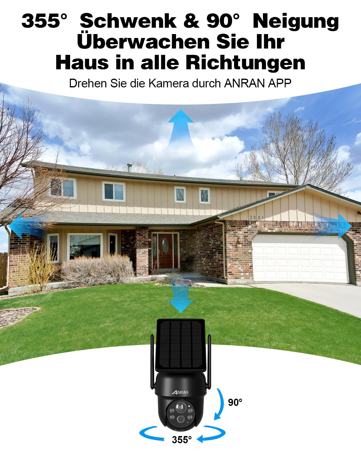 ANRAN 5MP Solar Überwachungskamera Aussen Wi-Fi,360°Schwenkbar | mit Kabellos Solarpanel,Farbnachtsicht,2-Wege-Audio,PIR Erkennung,Intelligenter Alarm,IP66,Alexa Kompatibel