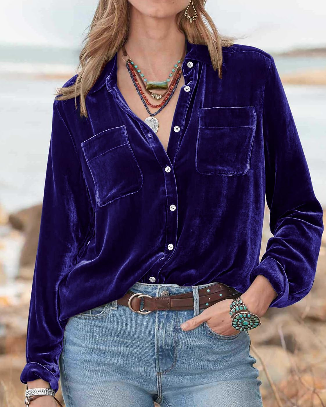 Womens Velvet Long Sleeve Tops Shirts 2025 Solid Casual Retro Fall Winter Lapel Front Button Up Blouse Tops - Image 3