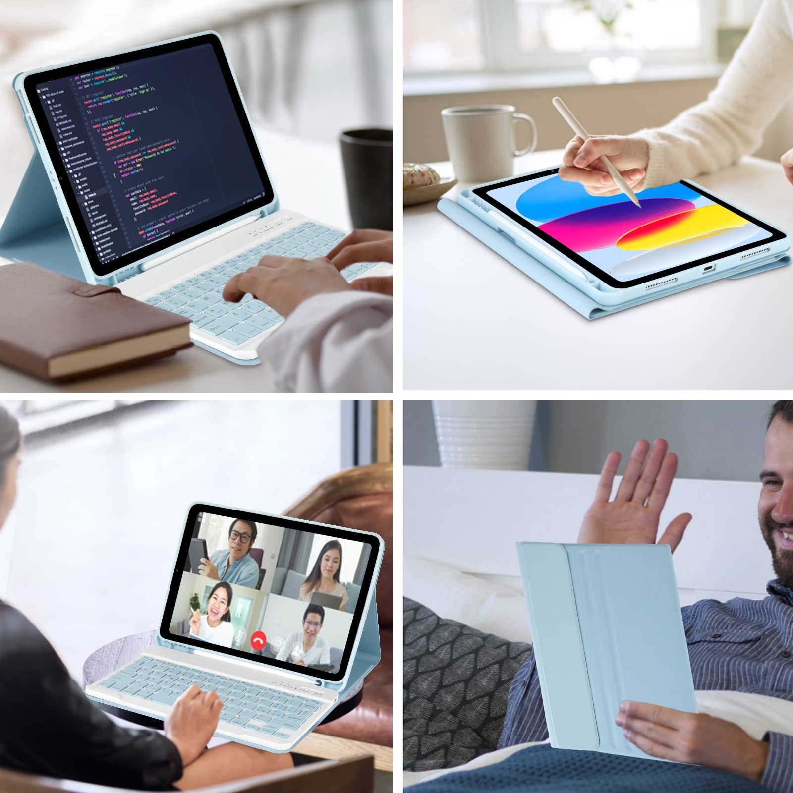 Étui Clavier Pour IPad 10e Génération 10,9" 2022 - Coque Avec Clavier Bluetooth Amovible Magnétique, Support Stylet, Bleu