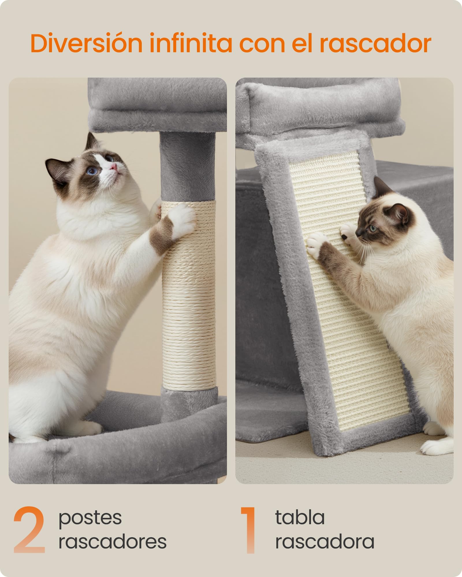Feandrea Árbol para Gatos, Torre de Juegos con 2 Camas Grandes, Postes Rascadores y Rampa, 85,8 cm de Altura, Gris Paloma PCT013GD01