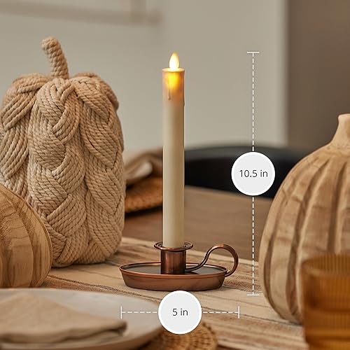 Miniatura 6 de Luminara Vela cónica de ventana marfil y bronce, 1 x 9.75 pulgadas, sin llama, parpadeante, patentada de plástico de llama real, funciona con pilas,