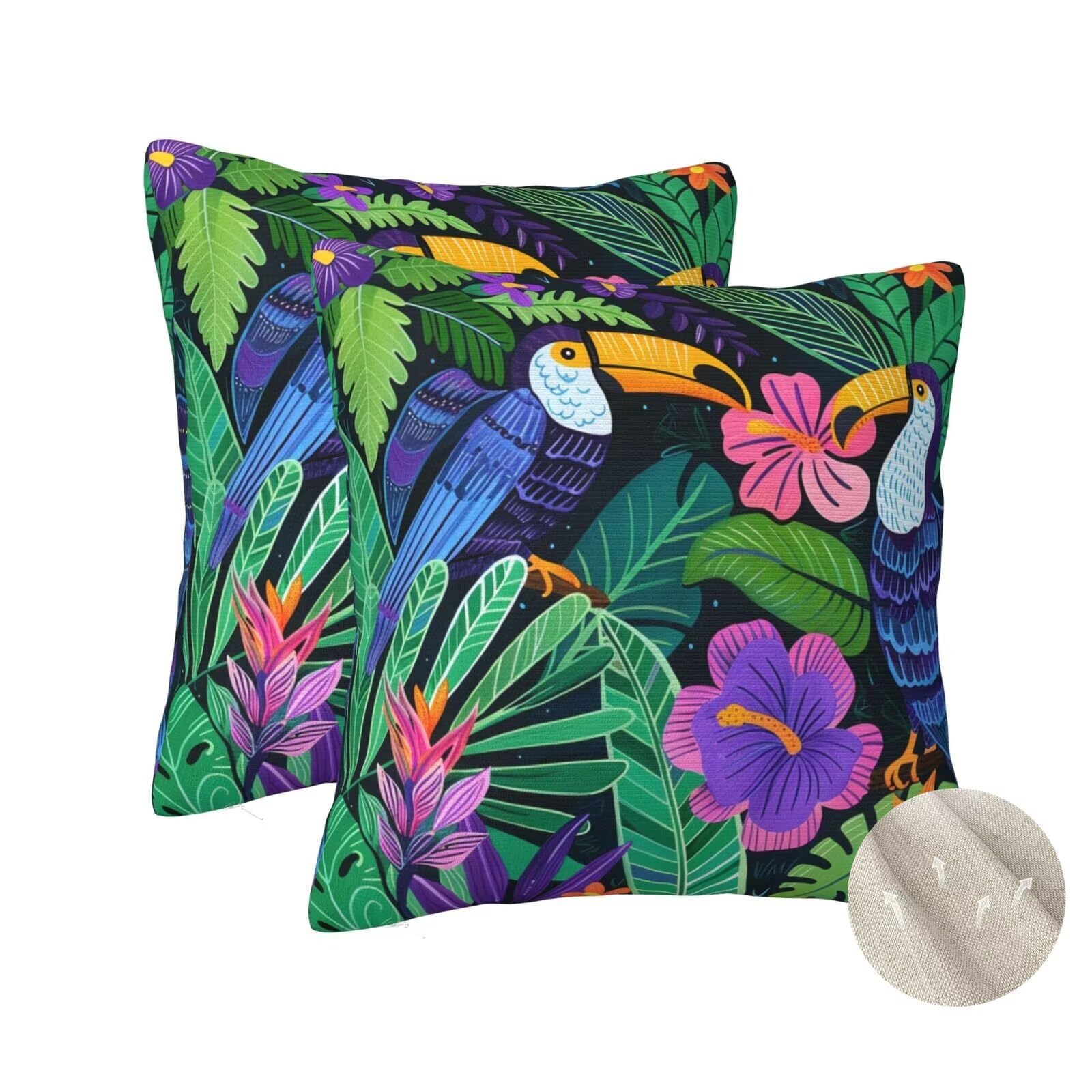 Housse coussin 50x50 cm pour rénover un canapé usé avec des motifs oiseaux exotiques