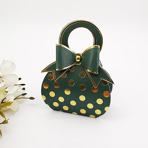 50 unidades de bolso de mano con lazo verde y dorado con lunares de papel de aluminio dorado, cajas de dulces con lazo con asa para boda,