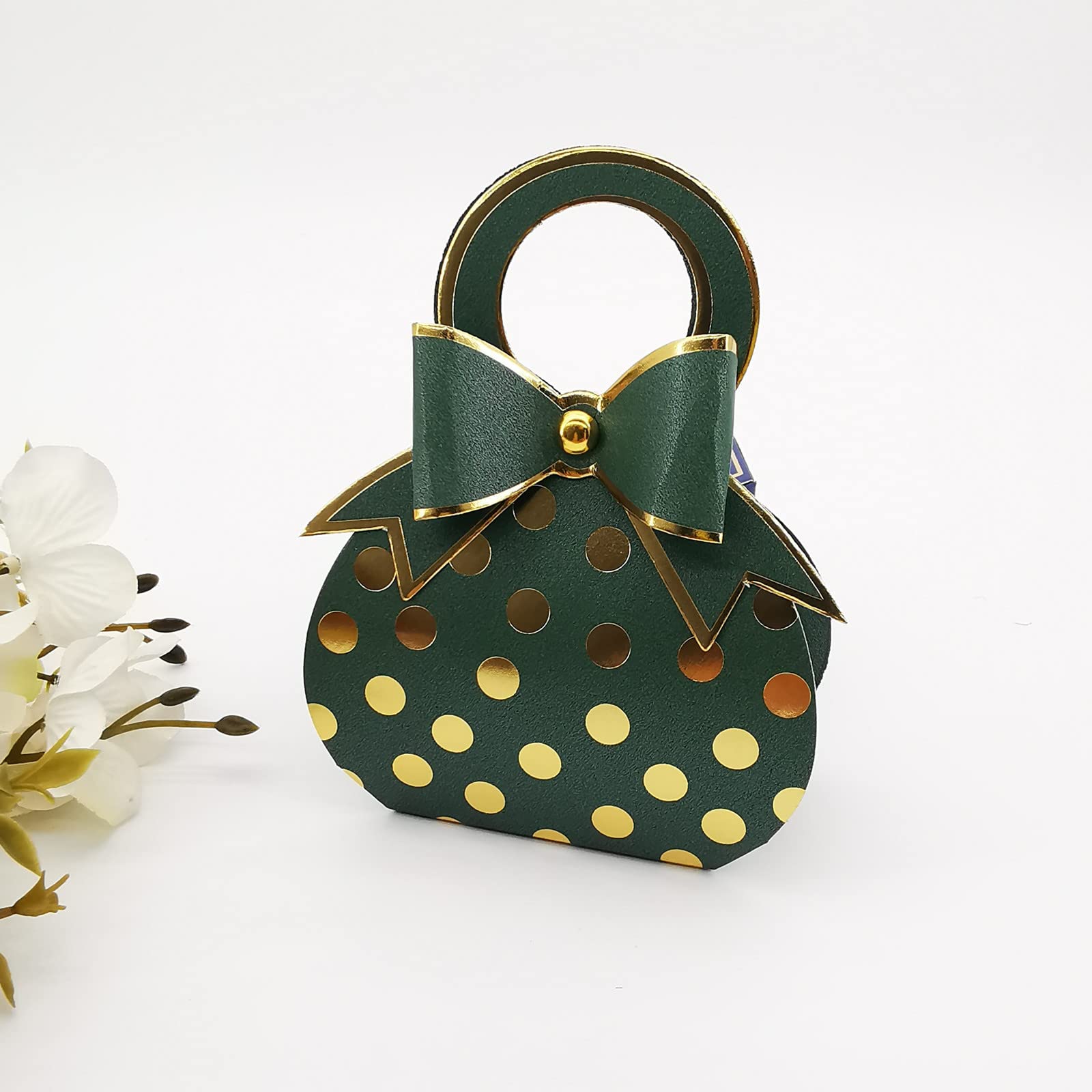 50pcs Green and Gold Bowknot Handbag with Gold Foil Dot Wedding Favor boxes Candy Box with Bow with handle for Wedding Birthday Favor Bridal Shower