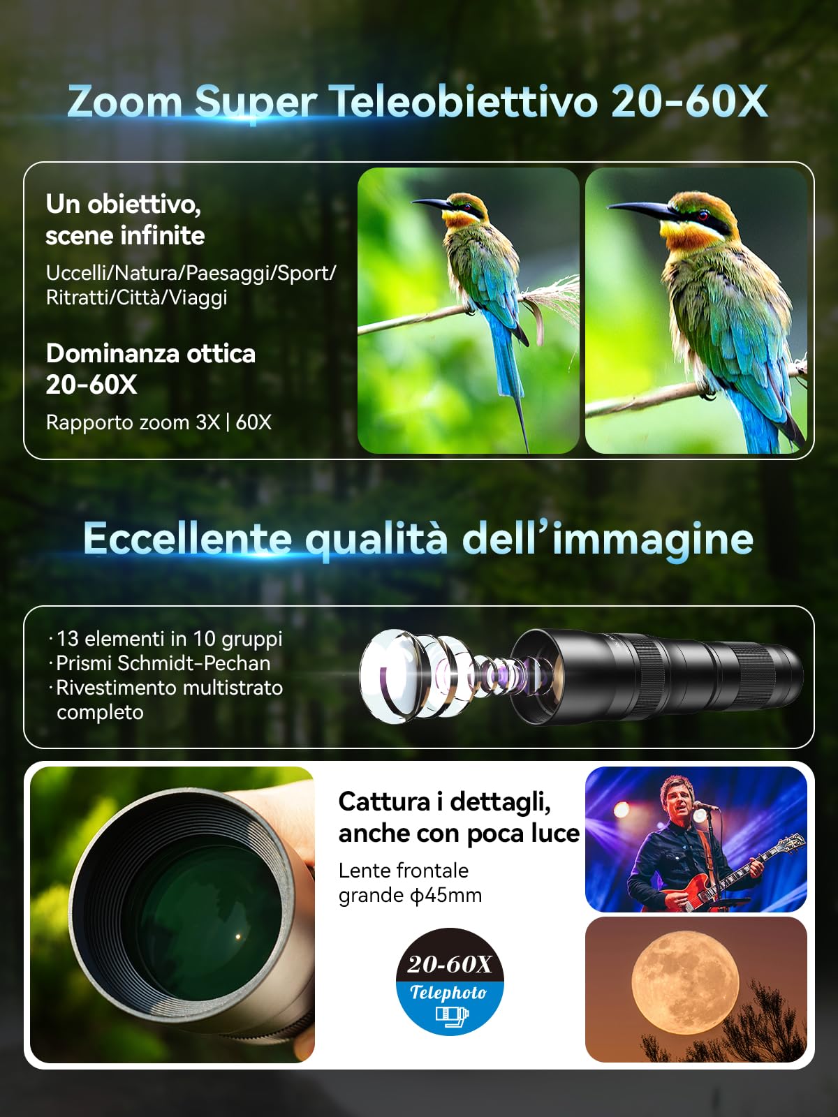 APEXEL Obiettivo zoom 20-60X professionale per smartphone – Cattura scene lontane con facilità