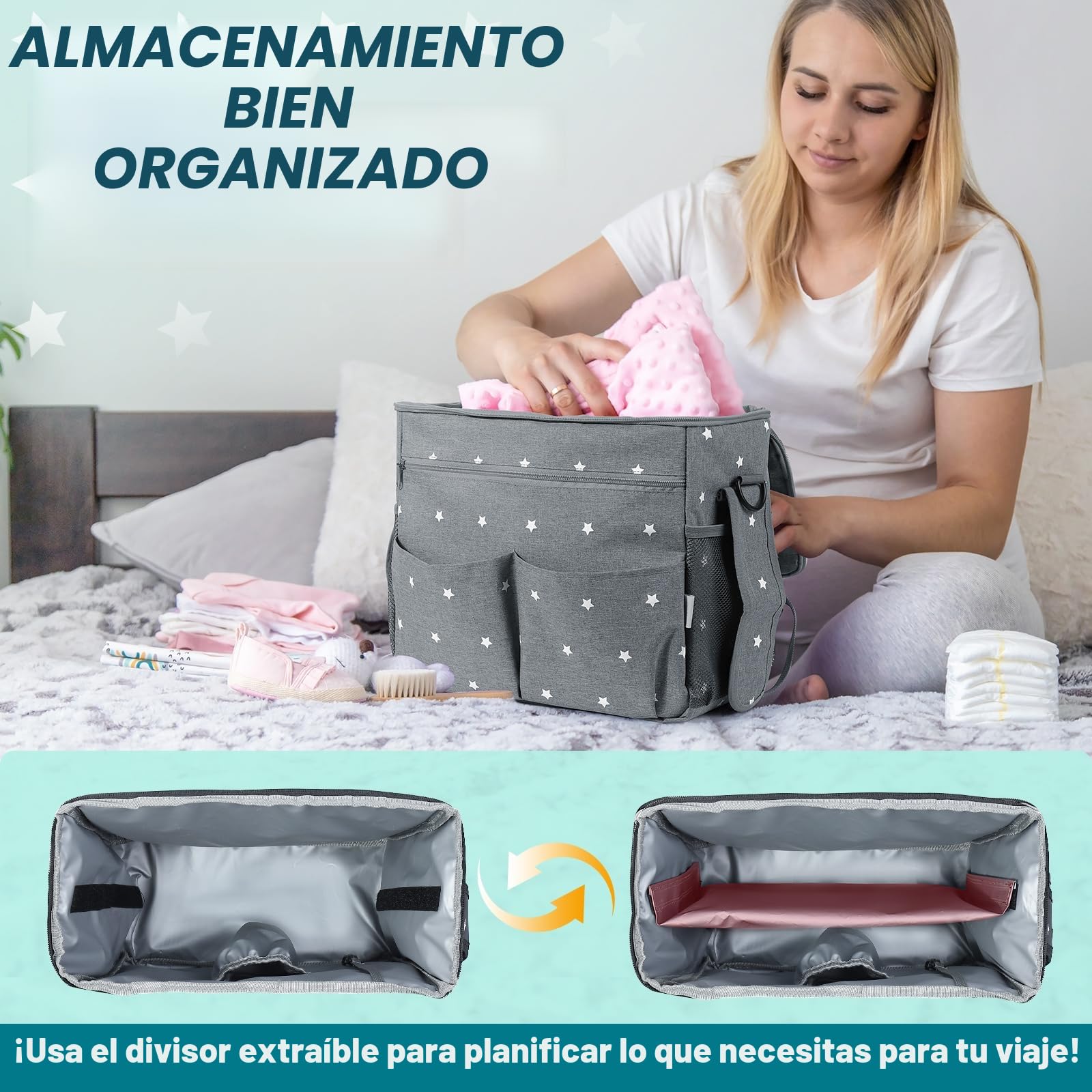 Orzbow Grande Bolso Carro Bebe,Impermeable Bolso Carrito Bebe con Portavasos,Multifuncional Organizador Carro Bebe con Divisor Extraíble,Forro Aislante y 22L Capacidad,2 Ganchos y 1 Bandolera (Gris)
