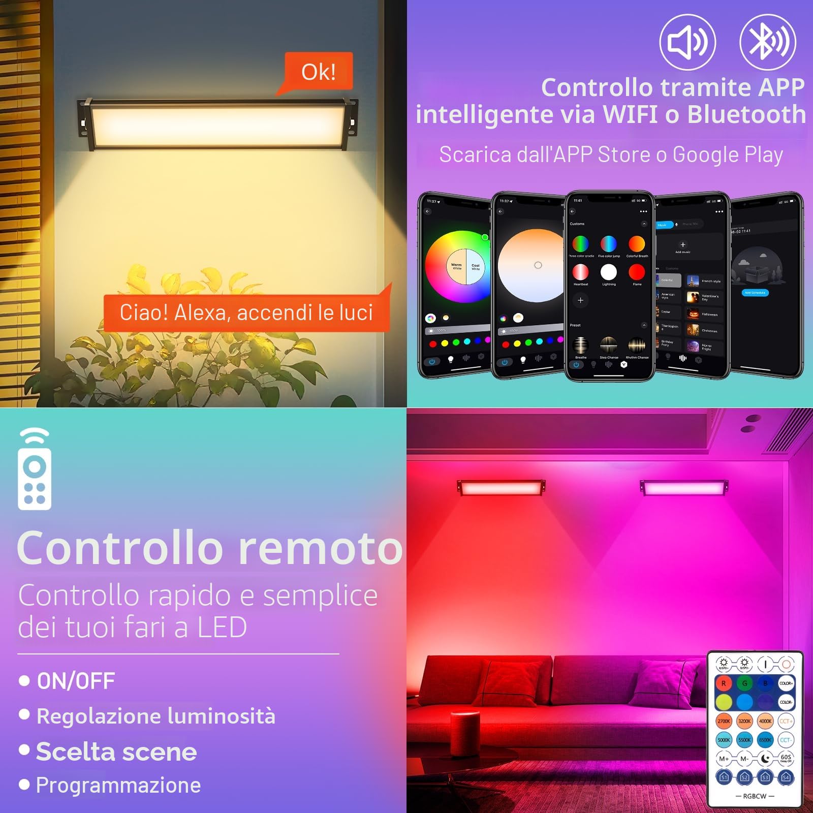 T-SUNUS Faretto LED RGB Esterno 72W, Barre LED WIFI con APP Bluetooth e Telecomando, Proiettore RGB da Esterno IP66 Impermeabile Per Vacanze Feste Halloween Natale
