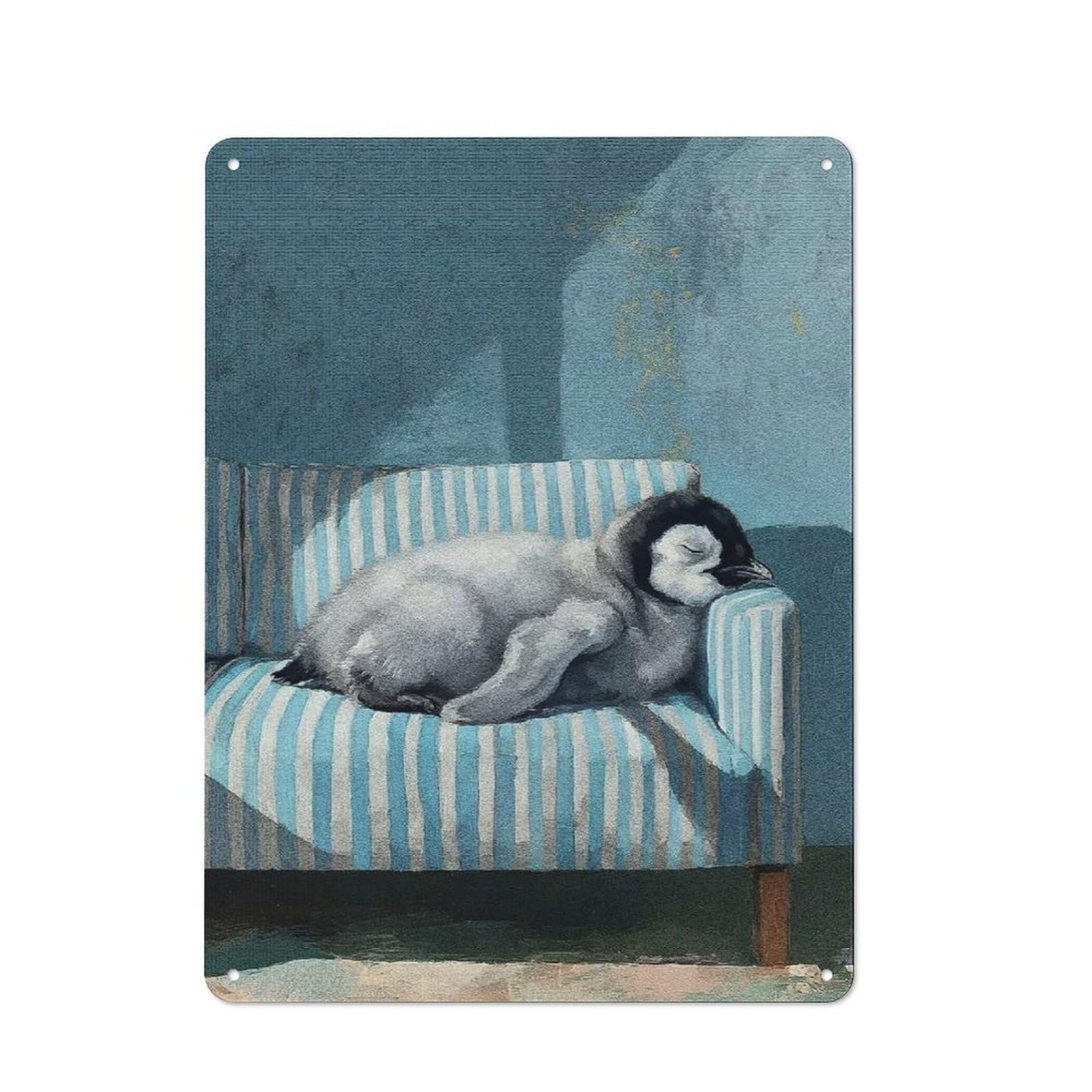Junmoney Style-17 Sleeping Penguin Chick On Striped Couch Rustic Metal Sign 40X30cm, Barn Style Farmhouse Wall Decor For Kitchen, Cottage, Porch Or Garden Room