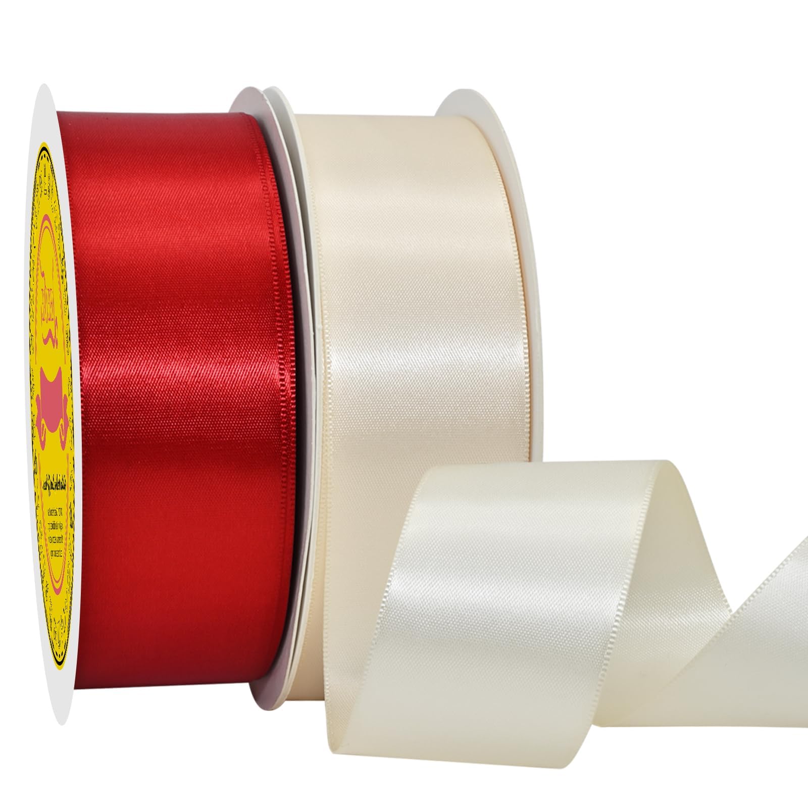 100 Yards Red Ivory Satin Ribbon Polyester Ribbon for Gift Wrapping Very Suitable for Weddings Party Hair Bow Invitation Decorations and More（1-1/2 inch X 50Yards X 2 Roll）