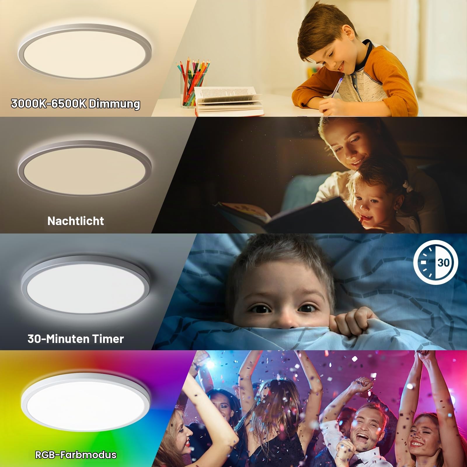 Oraymin 4PCS LED Deckenleuchte Dimmbar mit Fernbedienung Ø30CM, 24W 3300LM Deckenlampe RGB Farbwechsel Rund, 3000K-6500K Lampe Deckenbeleuchtung für Schlafzimmer Küche Wohnzimmer Korridor Balkon