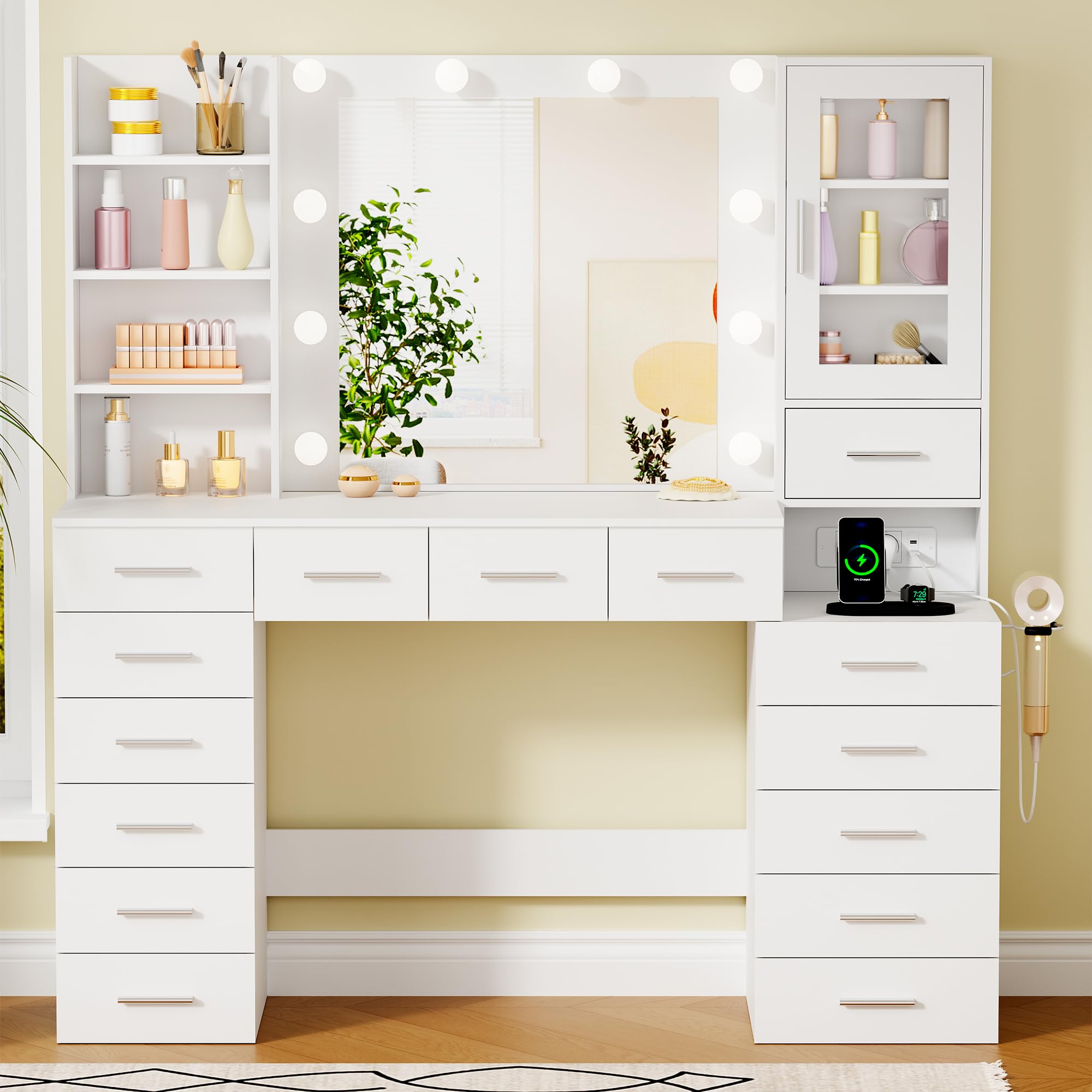 ANWBROAD Grande Tocador con luz LED, Brillo Regulable,Tocador de Maquillaje con Espejo y Enchufes, Mesa de Maquillaje con 15 cajones y 7 Estantes Abiertos para Dormitorio,Blanco Moderno BDT37W