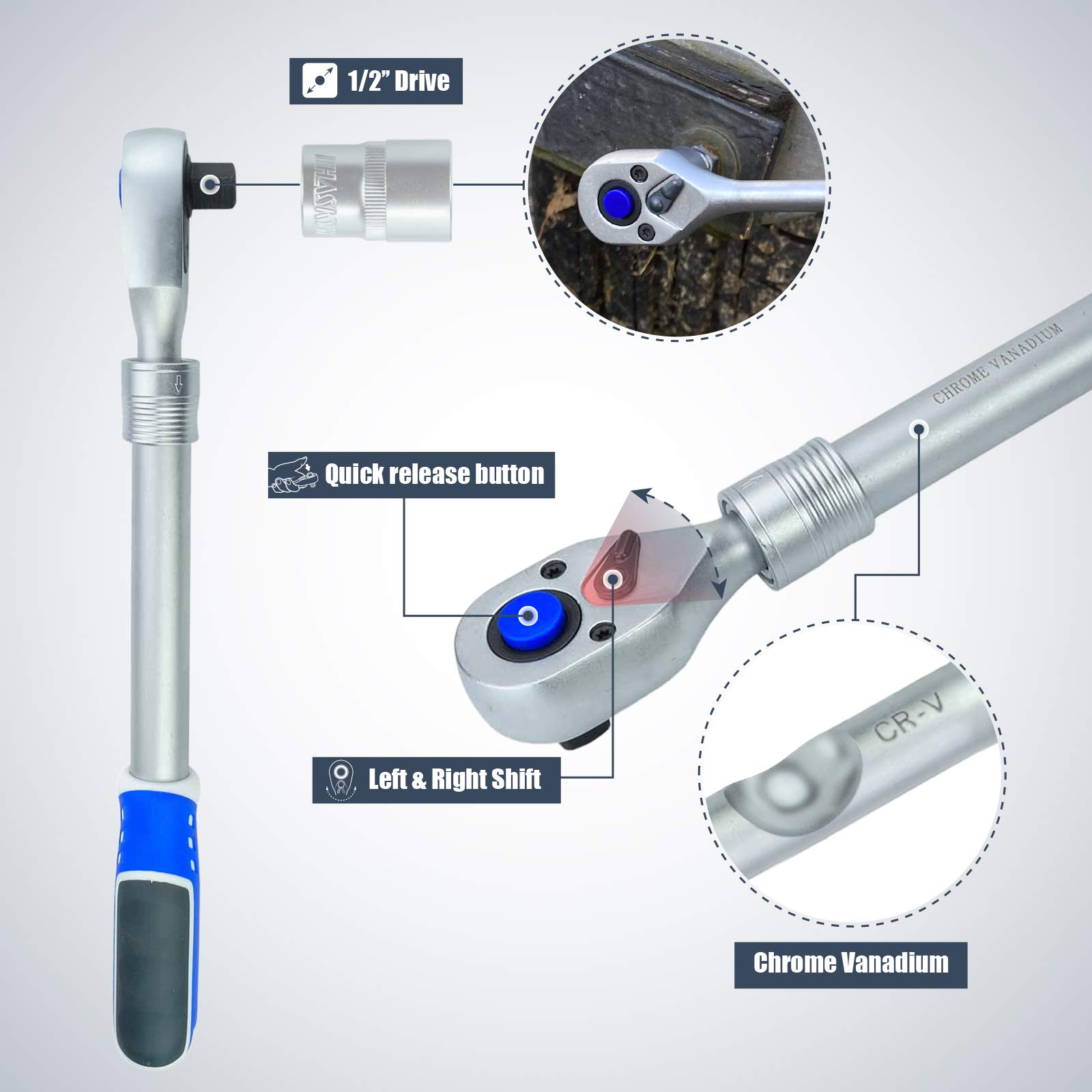 HASKYY Set di cricchetti reversibile da 12,5 mm; 9,5 mm; 6,35 mm: (1/2"; 3/8"; 1/4); snodati, cricchetto reversibile estraibile, dentatura fine