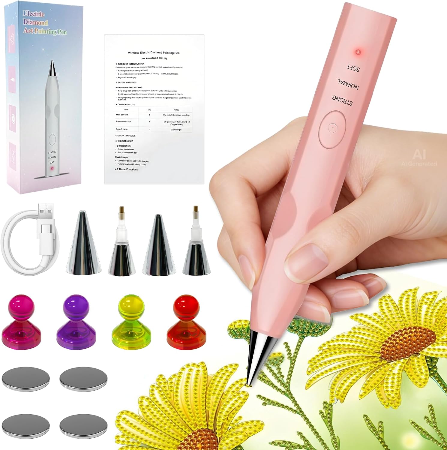 DZZ Electric Diamond Painting Pen,Cordless Diamond Art Vacuum Pen,Ergonomic Design,No Wax Needed, Rechargeable,3rd Gear Adjustable Suction Mode,Suitable for Adults and Children who Enjoy Crafts- Pink