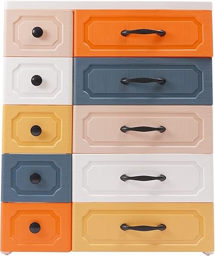 Cajones de almacenamiento de plástico, cómoda colorida de 5 capas, armario de almacenamiento de 10 cajones con poleas para dormitorios, salas de