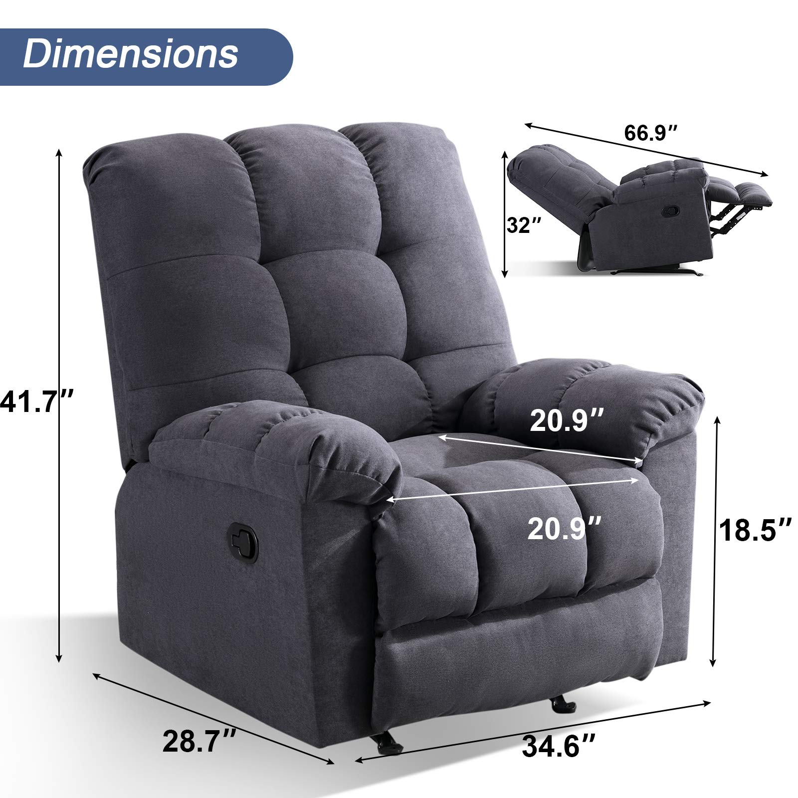 ANJ Rocker Recliner Chair Adjustable Overstuffed Fabric Manual