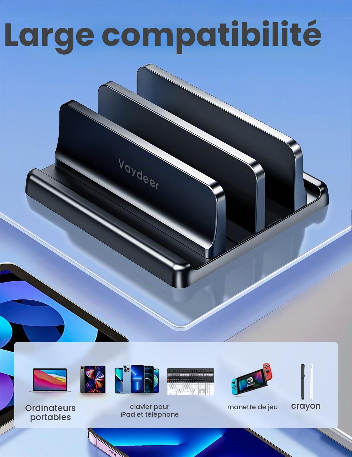 VAYDEER Support Vertical 4 en 1 pour Ordinateur Portable, 2 emplacements Compatible avec MacBook/iPad/PC jusqu'à 17,3 Pouces - Noir