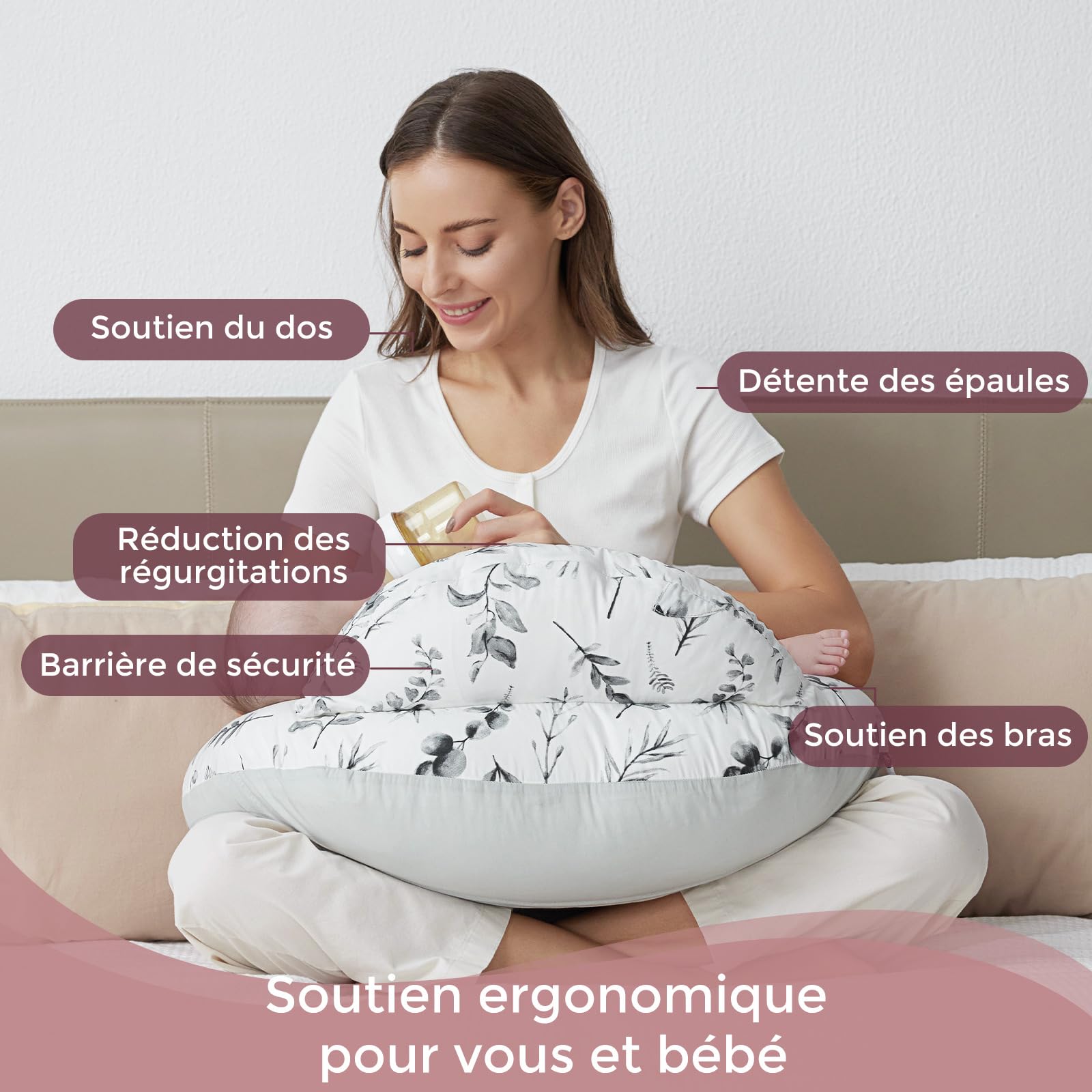 Momcozy Coussin d'allaitement avec bordure de sécurité – Coussin d'allaitement et de positionnement ergonomique avec sangle réglable et housse en coton amovible, feuilles d'encre pâle