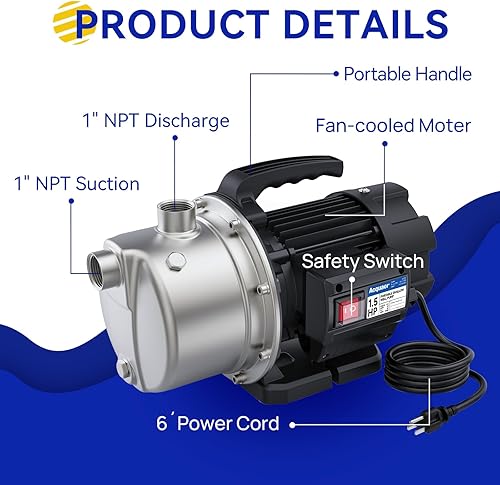 Miniatura 3 de Acquaer 1.5HP Portable Shallow Well Pump Garden Pump, Stainless Steel, 1210GPH, 115V Sprinkler Pump Water Transfer Draining Irrigation Pump for