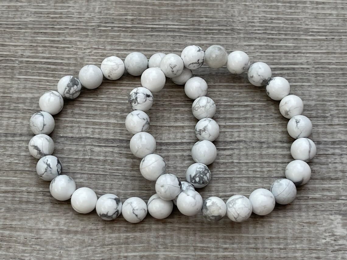 Howlite - Braccialetto in stile bohémien, con pietre semipreziose naturali, 10 mm, con perline rotonde lisce da 10 mm, braccialetto elastico per meditazione spirituale, regolabile, unisex, 17,8 cm,