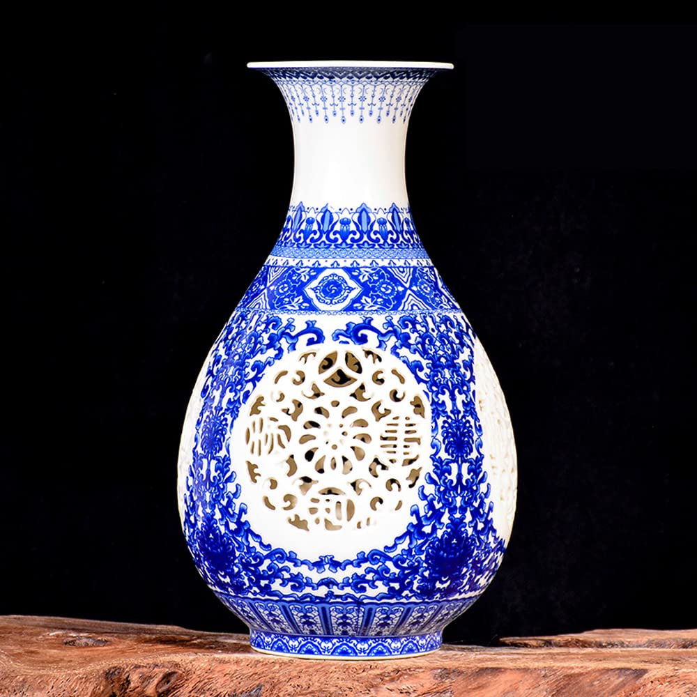 DFGHNBVC Chinoiserie Jingdezhen Porcelain Blue And White Porcelain Hollow Out Vase Flower Arrangement New Chinese Style Sitting Room Porch TV Ark Adornment Places,B