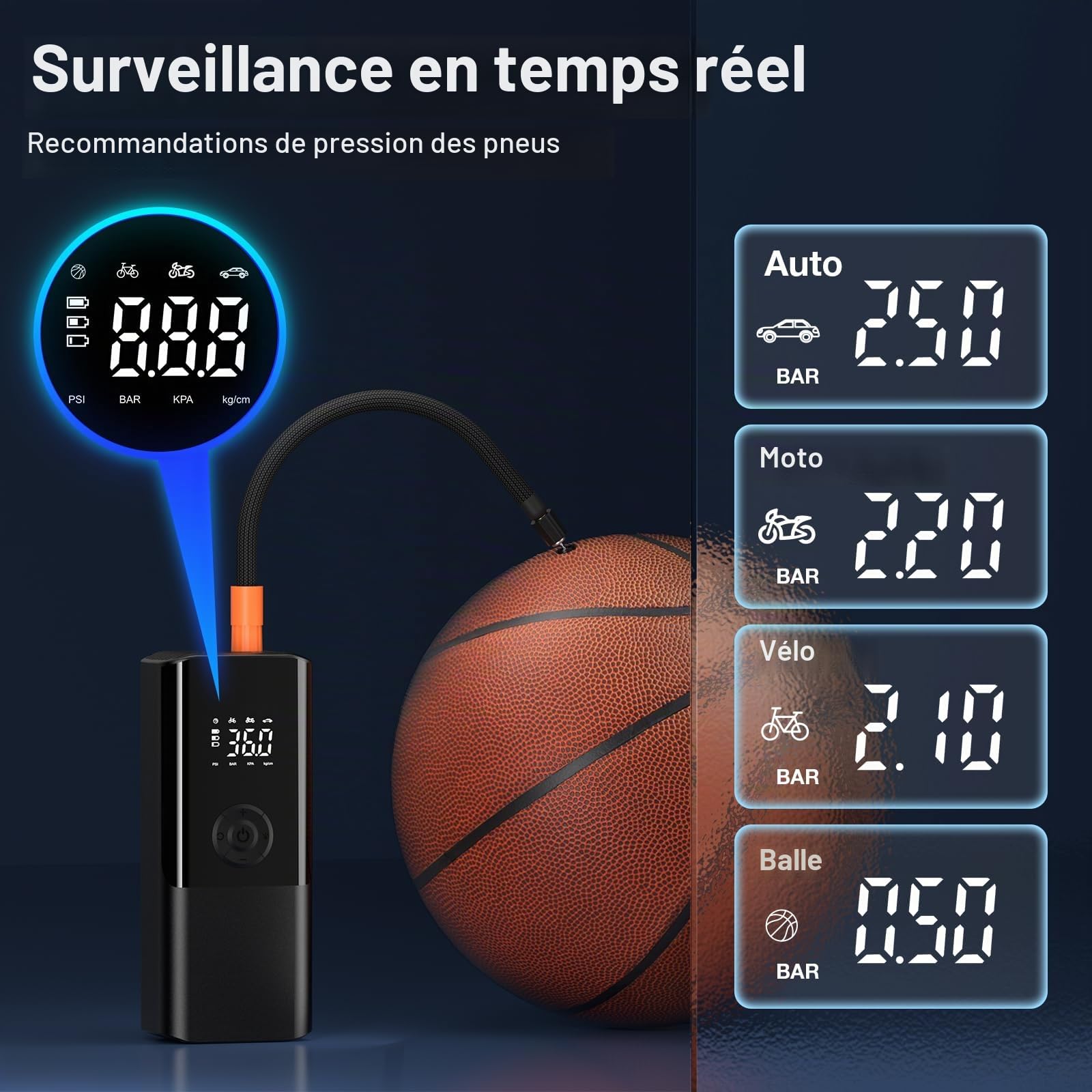 Compresseur d'air rechargeable sans fil pour voiture, moto, vélo - 150 PSI - 6000 mAh - Accessoires de voiture - Lumière LED - Noir