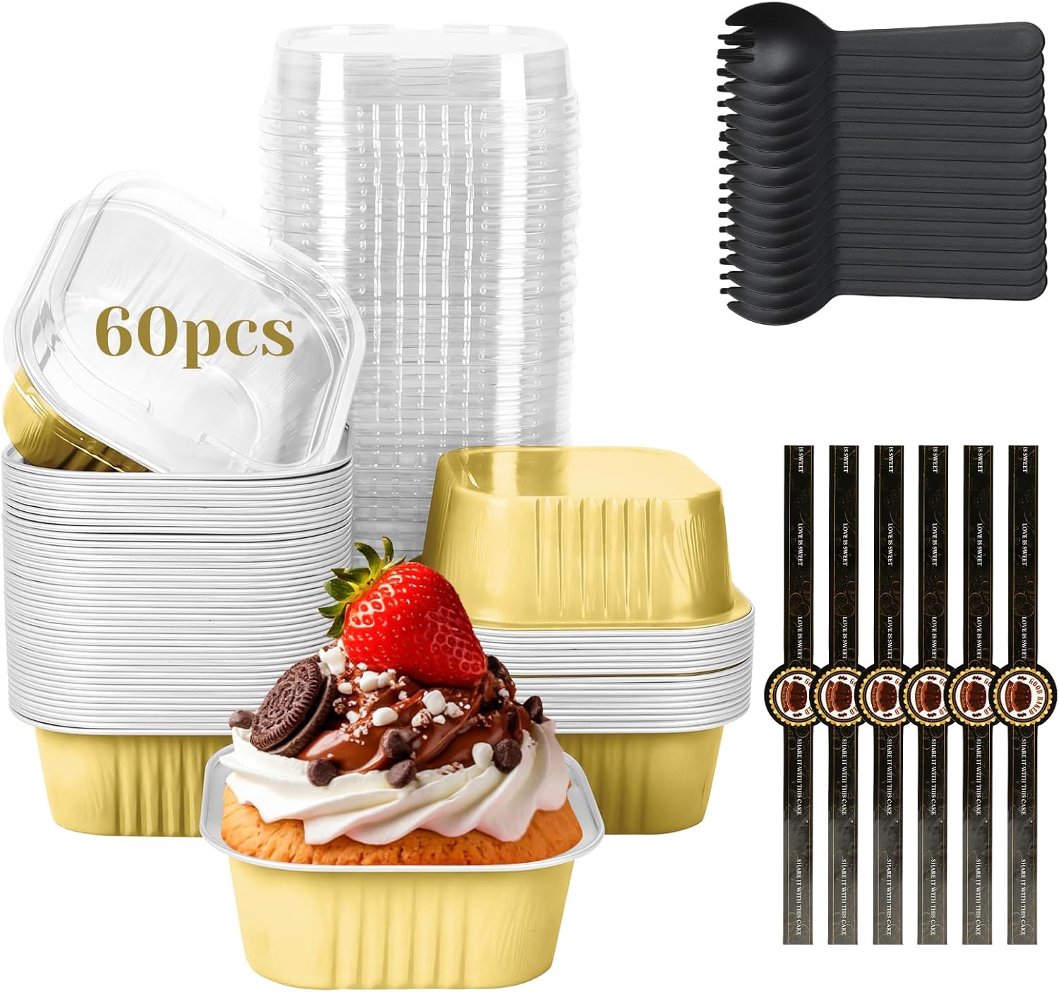 60 Pack 10oz Mini Cake Pans with Lids, Spoons, Stickers - Disposable Square Brownie Baking Cups - Individual Small Aluminum Foil Loaf Tins for Muffin, Ramekins, Cupcake - Catering, Gift, Gold