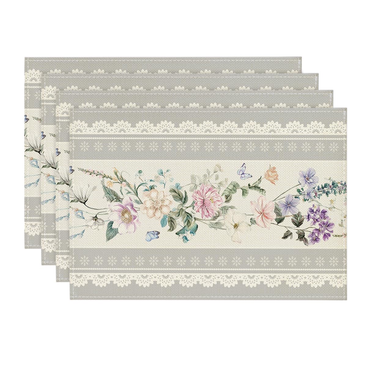 Artoid Mode Grey Printed Lace Floral Spring Placemats Set of 4, 12x18 Inch Seasonal Summer Holiday Table Mats for Party Kitchen Dining Decoration