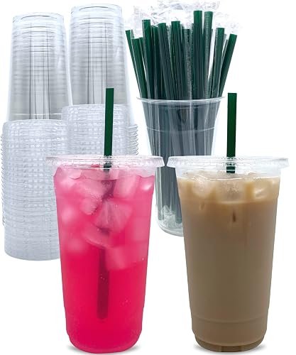 Aatriet 100 Sets 32 oz Clear Plastic Cups with Lids and Straws