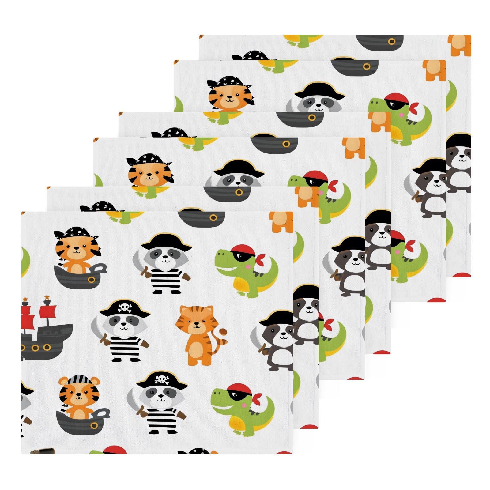 YANENDIE Cute Pirate Animals Washcloths Towels, Highly Absorbent and Soft Cotton Face Cloths, 6 Pack Quick Dry Wash Cloths - 12 X 12 Inches