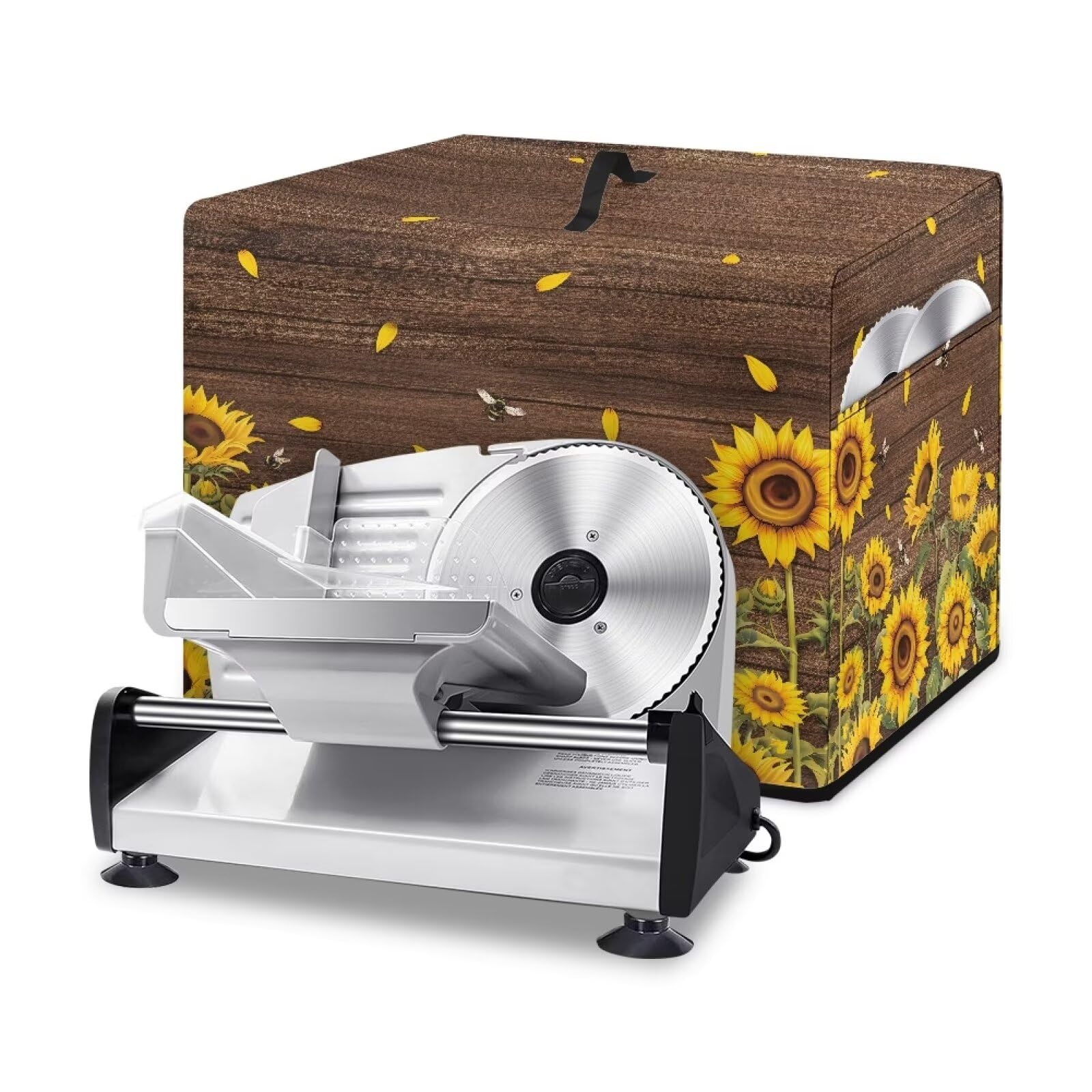 NETILGEN Meat Slicer Machine Kitchen Appliance Cover, Cheese Bread Slicer, Washable Rectangular Protective Cover for Home, Sunflower Bee Wood Grain