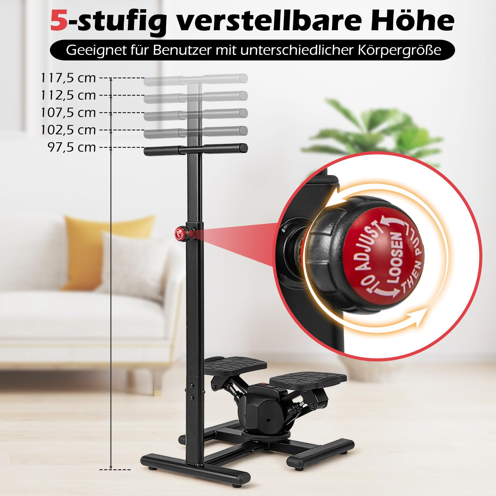 COSTWAY Stepper z kierownicą, stepper fitness z regulowanym rezystorem i wyświetlaczem LCD, wspinaczka schodowa z uchwytem o regulowanej wysokości, do domu, biura, na siłownię
