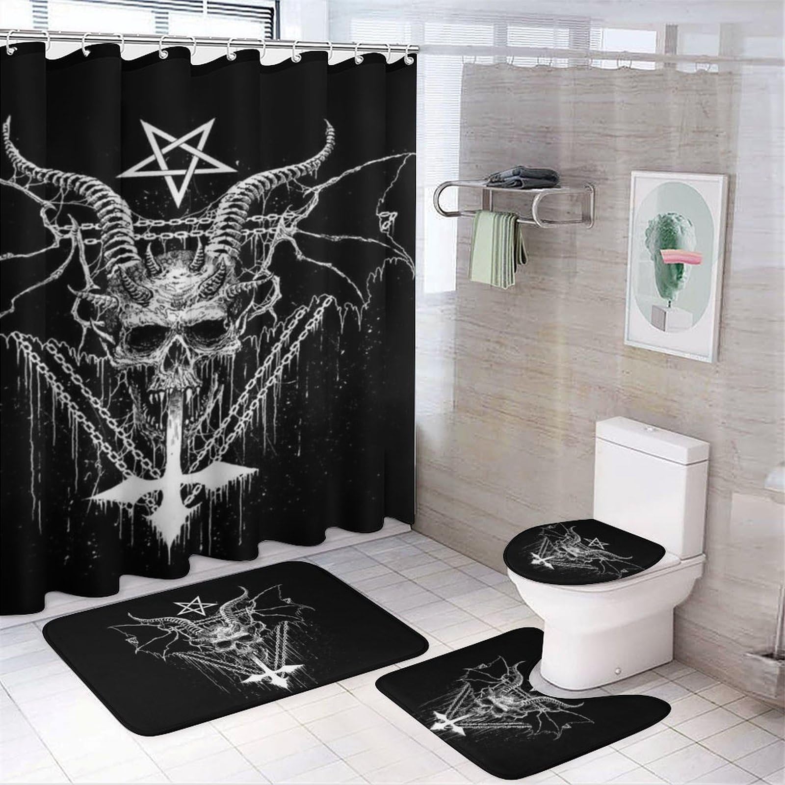 Wlntrophic Bathroom Mat Set 4 Piece, Satanic Shower Curtain with Non-Slip Bath Mats for Bathroom