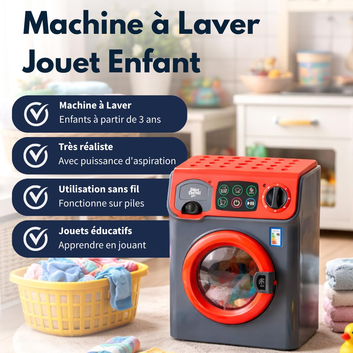 Dirt Devil Machine à Laver Jouet Enfant – avec Lumière et Sons – Prête à l’Emploi – 16,5 x 13 x 22,5 cm – Lave Linge Enfant Jouet pour Jeux de Rôle