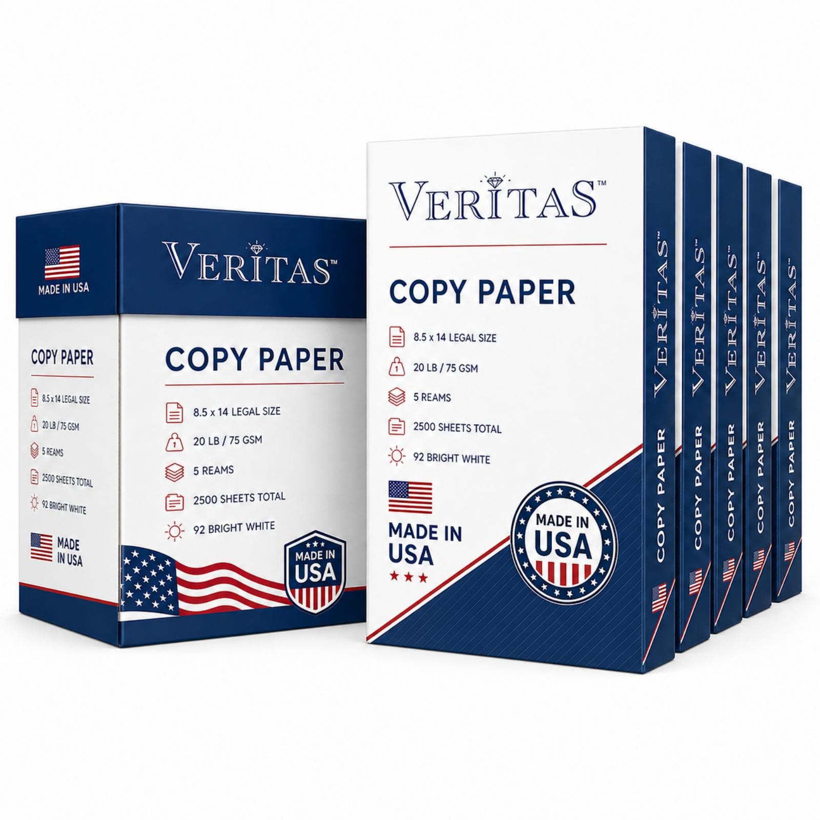 Veritas Kopierpapier, 8,5 x 14 cm, legale Größe, 5 Ries, 2500 Blatt insgesamt, 92 kg / 75 g/m², 92 hellweißes Mehrzweck-Druckerpapier für Büro, Geschäft, juristische Dokumente, Laser und Tintenstrahl