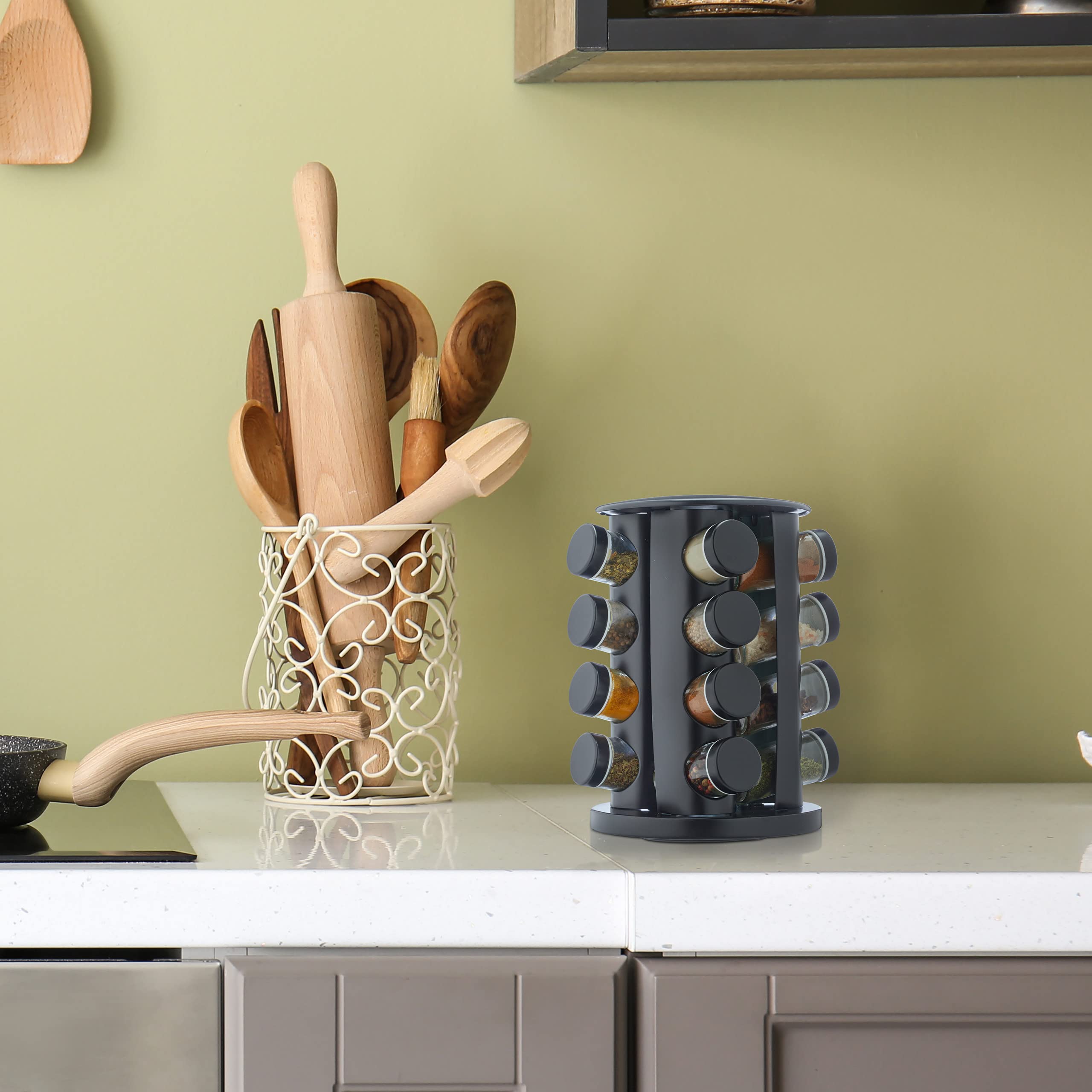 Relaxdays Especiero Giratorio con 16 Botes, con Dosificadores Rotatorio, Soporte Especias Reutilizable de Cocina, Negro