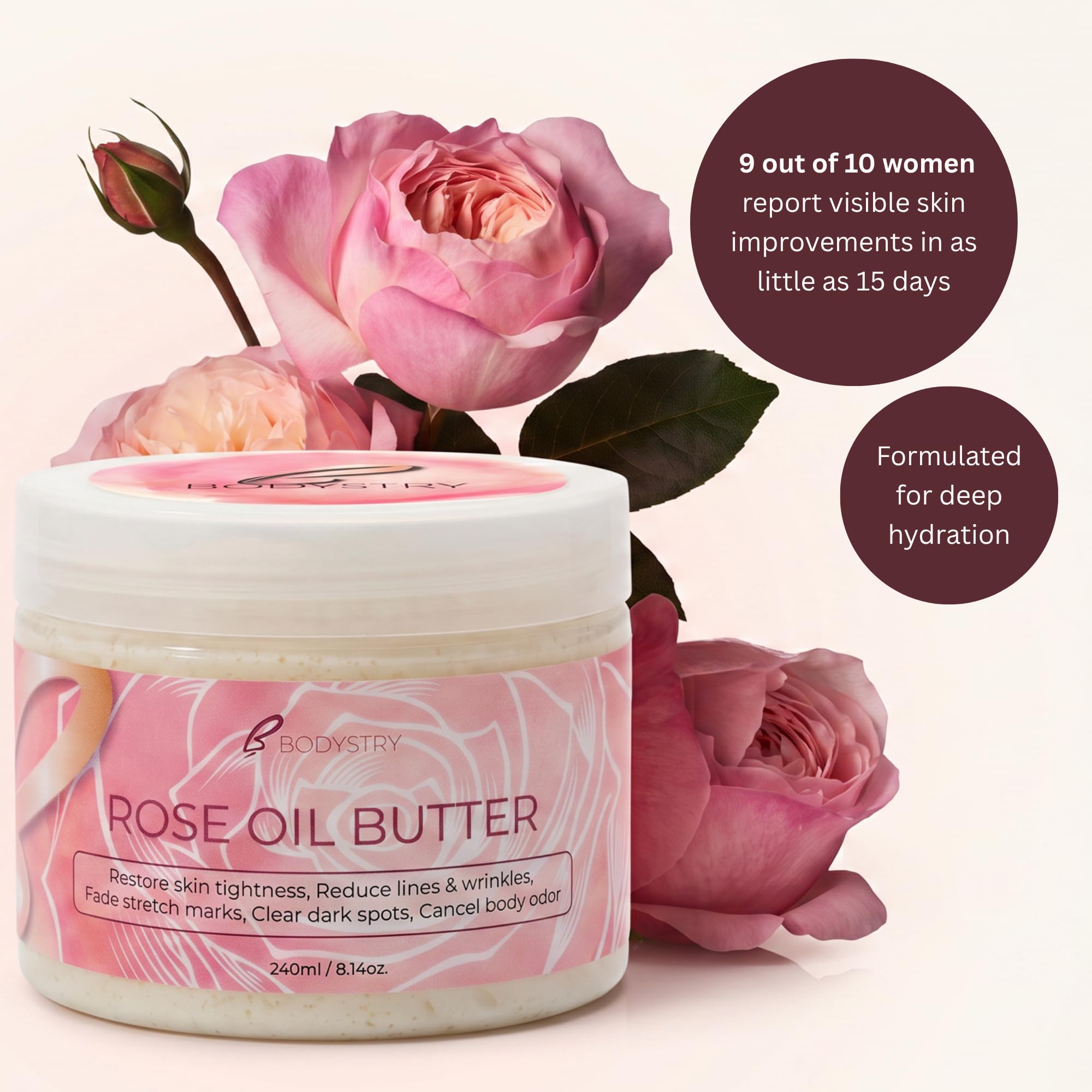 Bodystry Rose Oil Butter, Firming Hydrating Body Moisturizer for Dry Skin