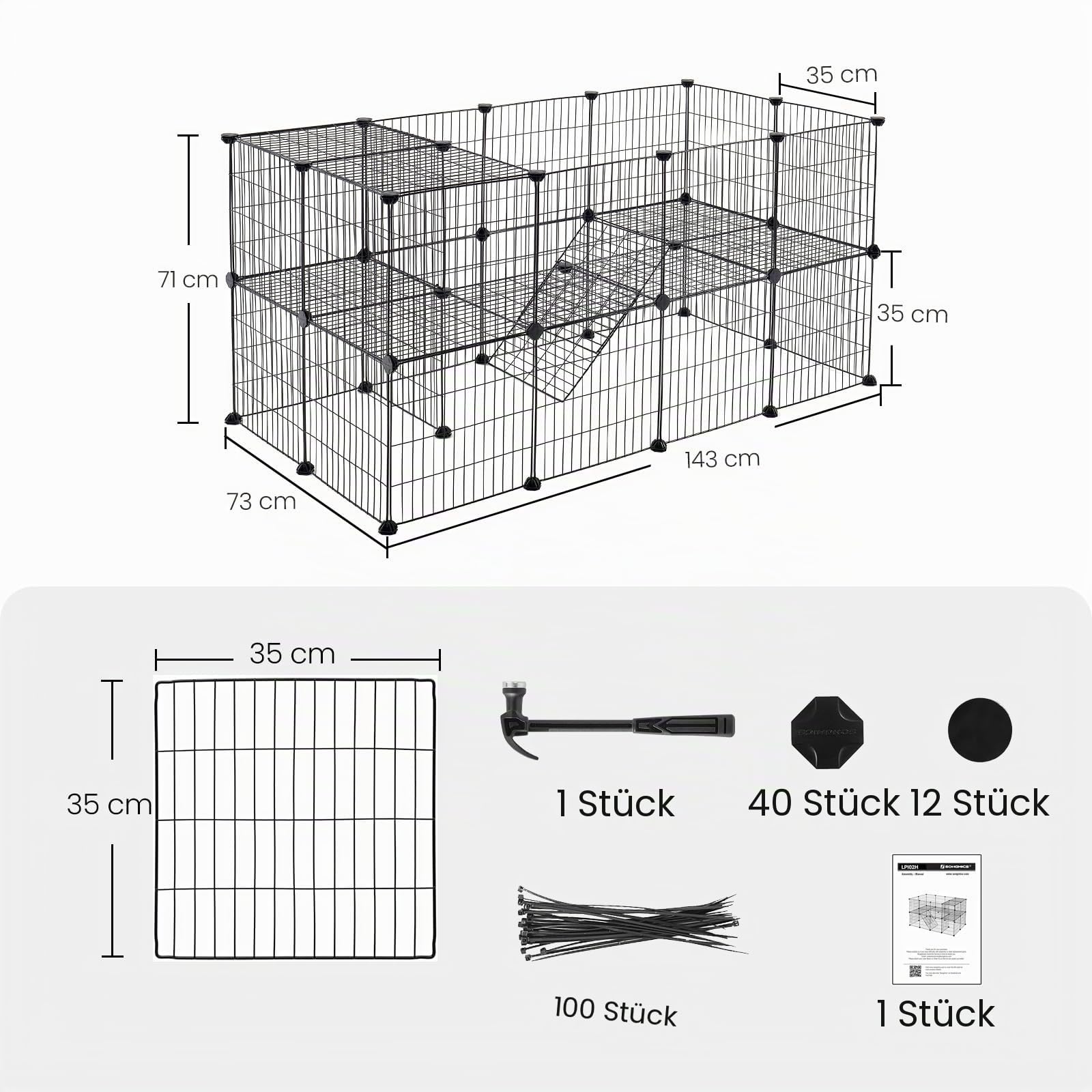 SONGMICS Zaun für Haustiere, 2 Ebenen, modular, für Kleintiere, Hamster, Kaninchen, Meerschweinchen, Gitterplatten, für den Innenbereich, 143 x 73 x 71 cm, Schwarz LPI02H
