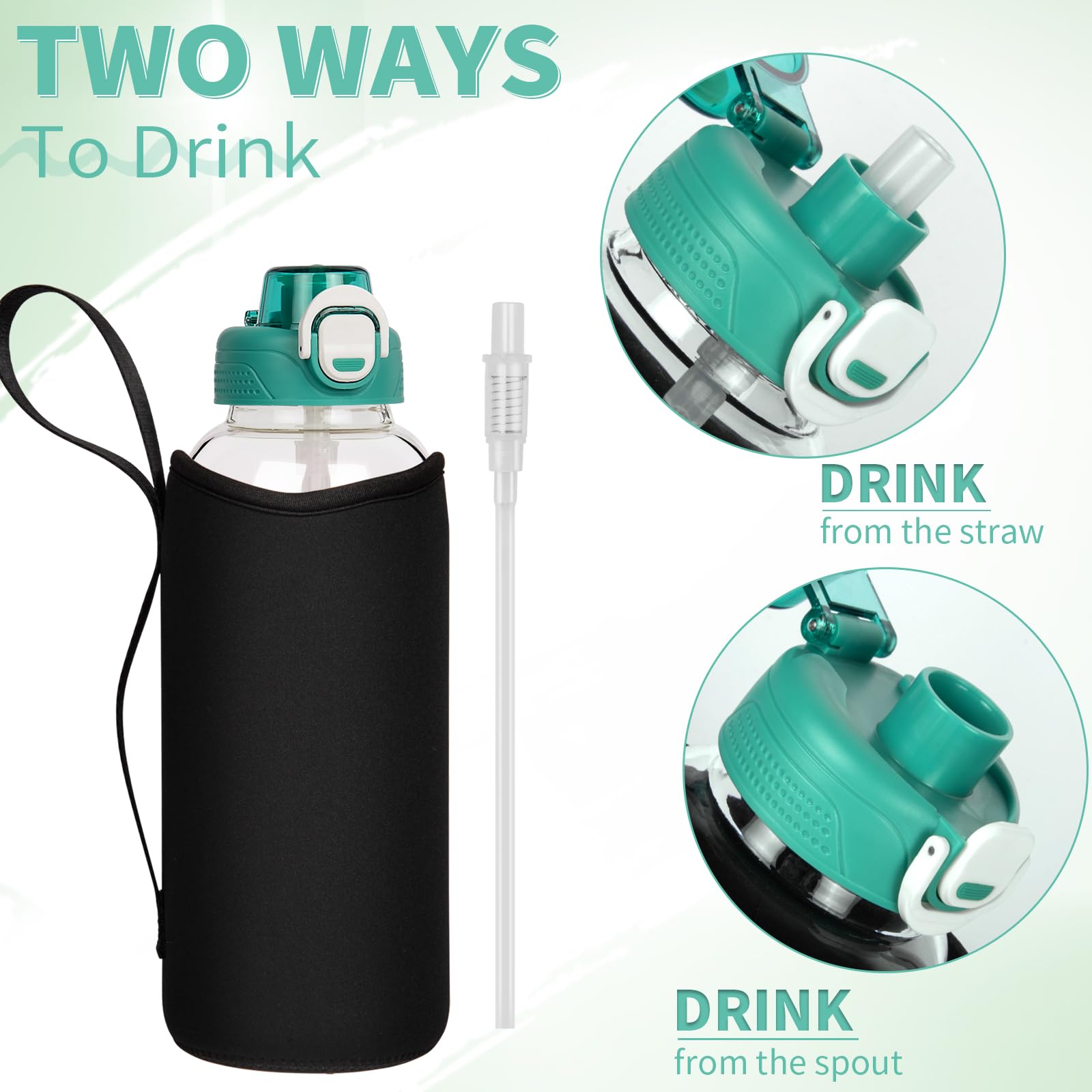 DEARRAY 1.5l Glass Water Bottle with Straw & Neoprene Sleeve 1.5 litre BPA free Large Glass Drinking Bottle Leakproof - Image 3