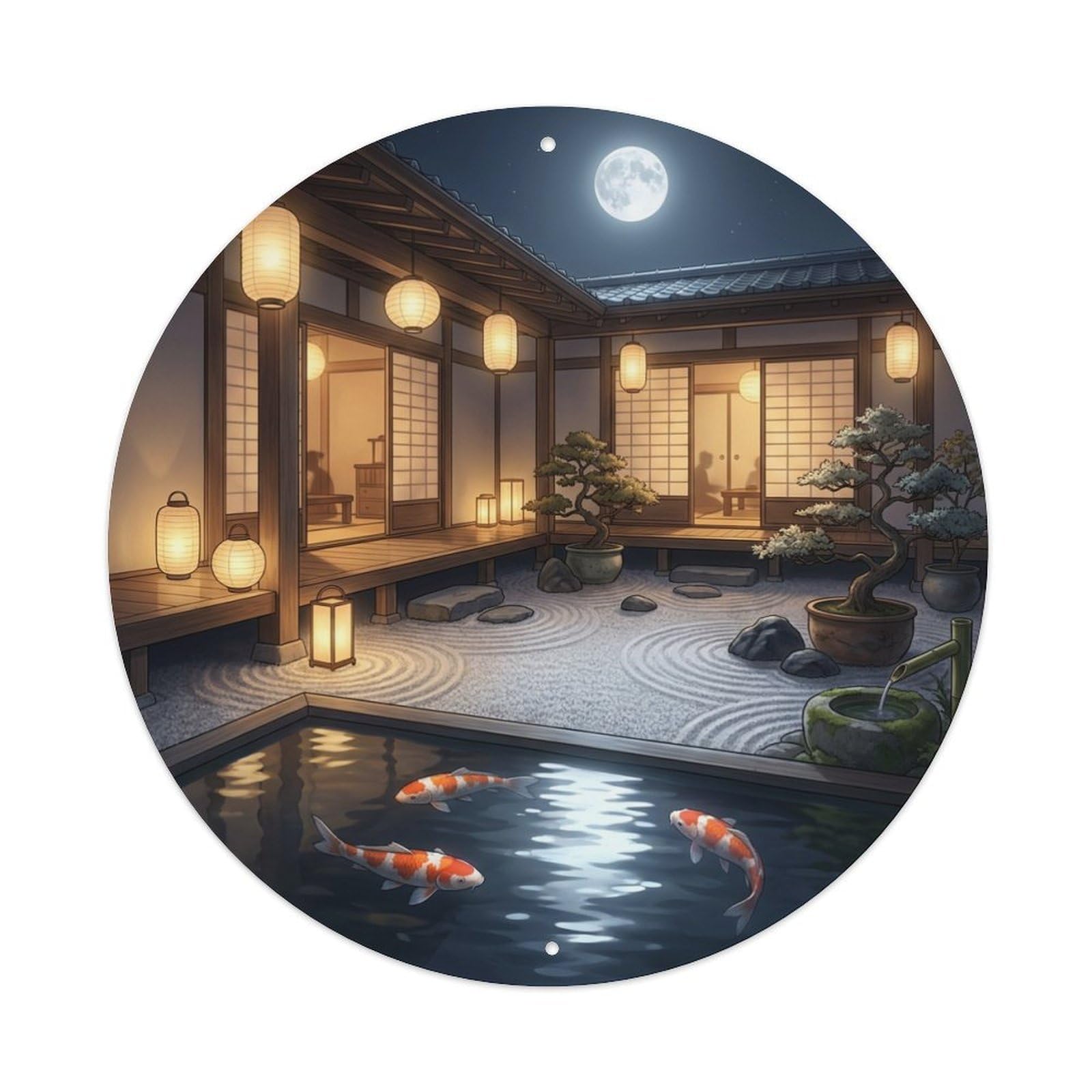 Galvaxio Style Japanese Courtyard Koi Fish Moonlit Night Metal Tin Sign