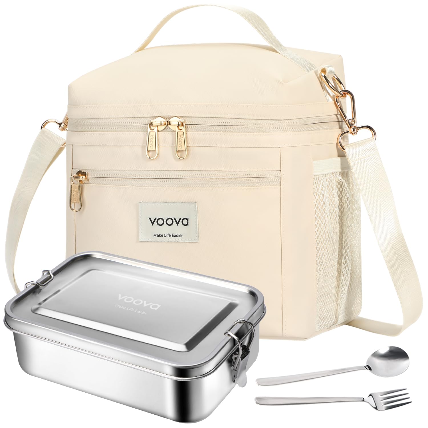 Voova Stainless Steel Lunch Box with Insulated Lunch Bag、Spoon & Fork for Adult Kids, 1200ml Metal Lunch Box with Spare Seal & Movable Divider, Metal Bento Boxes for Travel Work Women Men, Beige