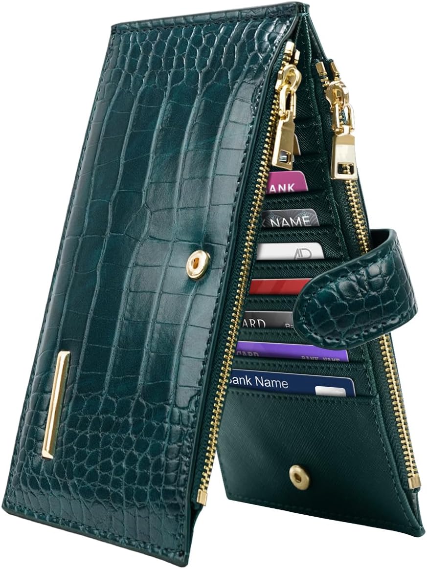 Women Wallet Large Capacity Wallets Crocodile RFID Blocking Multi Card Organizer Womens Billfold Long Purse Credit Cards Holder with Double Zipper,Pine Green - Image 7