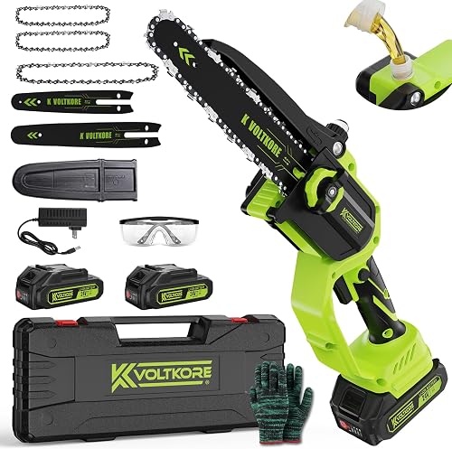 Mini Chainsaw 8 Inch & 6 Inch Bar, Electric Small Chainsaw Battery Powered | 2-Battery & 3-Chain, One Hand Operation, Brushless, Auto Oiler, Lightweight Handheld Chainsaw for Women and Beginners, Green