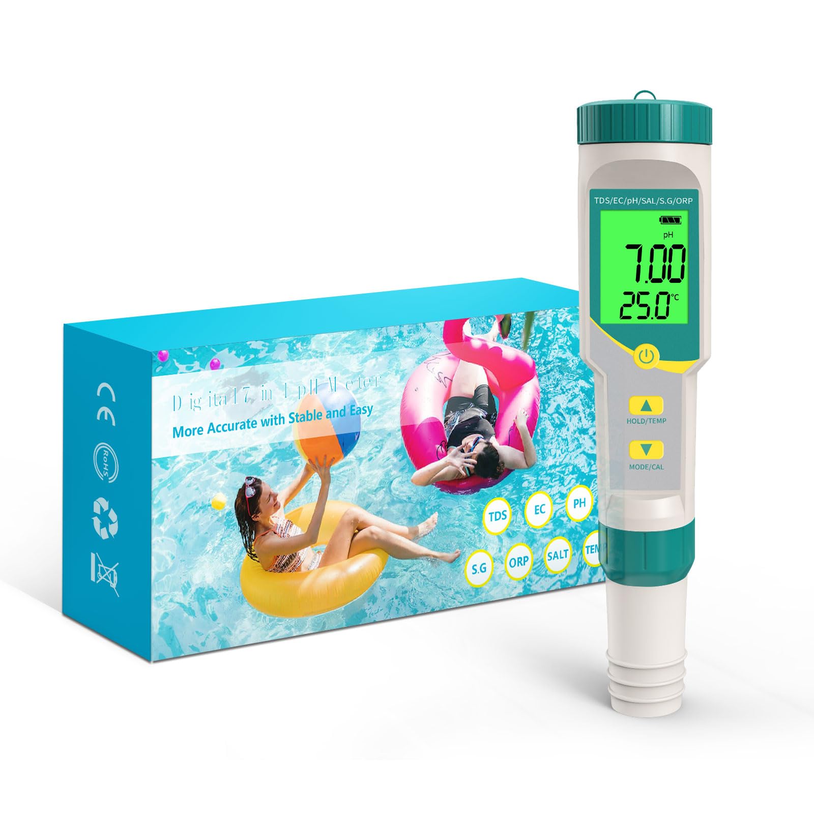 Medidor de pH, 7 en 1 pH/TDS/EC/ORP/S.G/medidor de salinidad/temperatura, medidor digital de pH con ATC y retroiluminación LCD para agua potable, hidroponía, piscina y acuario