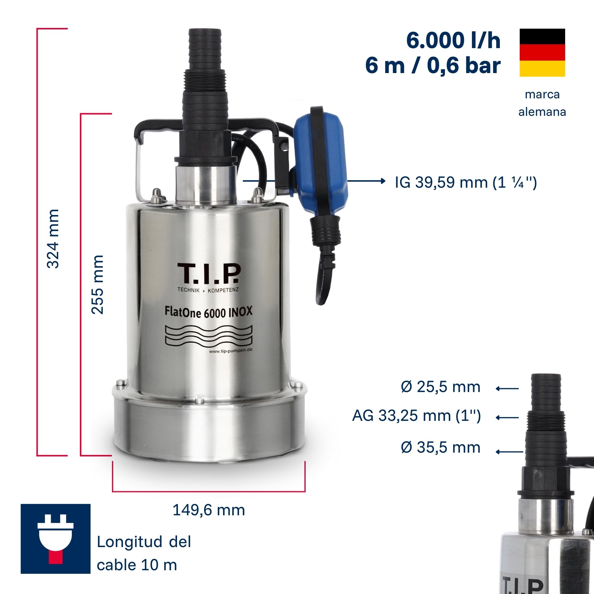 T.I.P. 30440 Bomba de desagüe y desagüe de piscinas FlatOne 6000 INOX, aspiración plana de hasta 1 mm, caudal de hasta 6.000 l/h, 22,5 x 16,5 x 27 cm