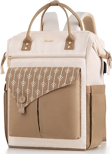 MOMUVO Mochila para laptop para mujer con puerto USB, resistente al agua para estudiantes, Caqui beige , 17,3 pulg., Moderno