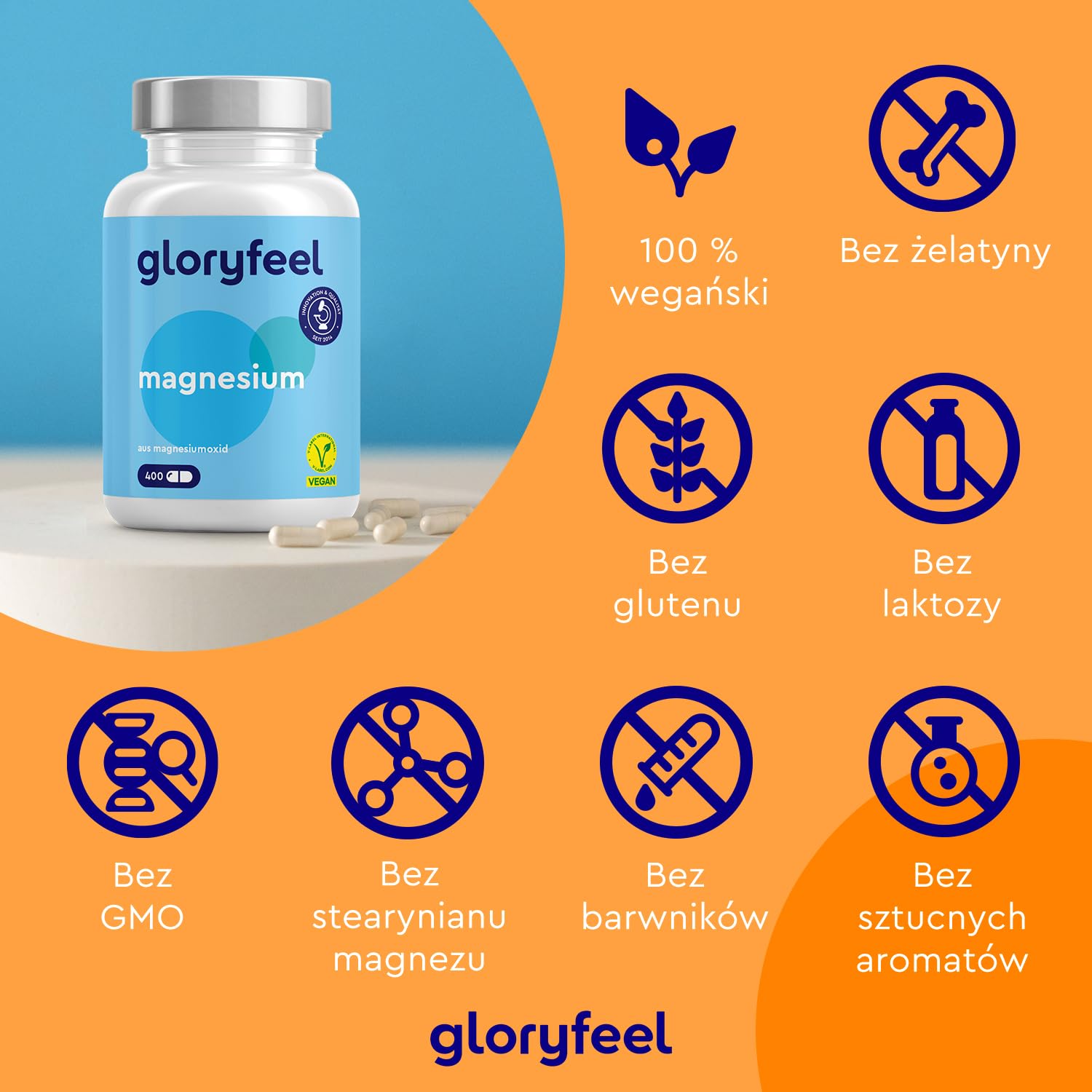 Magnez 400 kapsułek - 760 mg, w tym 400 mg magnezu pierwiastkowego na dzienną dawkę - Wspiera pracę mięśni i metabolizm energetyczny - Testowane laboratoryjnie - Wyprodukowano w DE bez dodatków